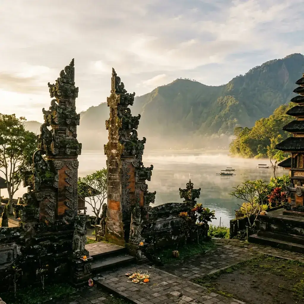 Traditional Balinese temple gateway Candi Bentar overlooking volcanic lake