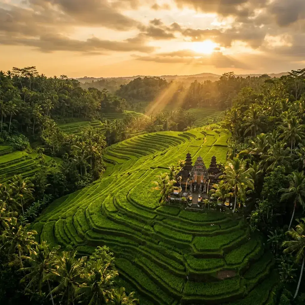 Stunning view of Tegalalang rice terrace in Ubud, Bali during golden hour