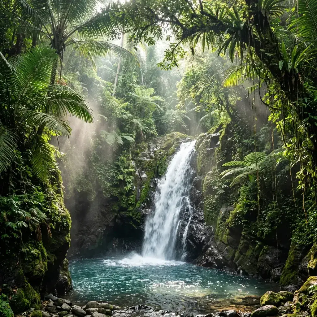 Magnificent hidden waterfall in a tropical Balinese jungle